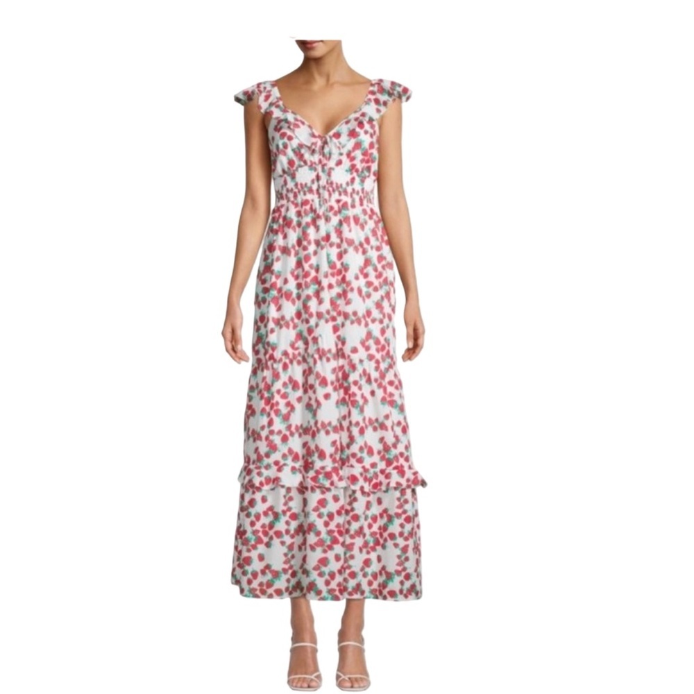 Betsy Johnson Strawberry Print Ruffled Smocked Maxi Dress NWT Size M - Picture 2 of 10